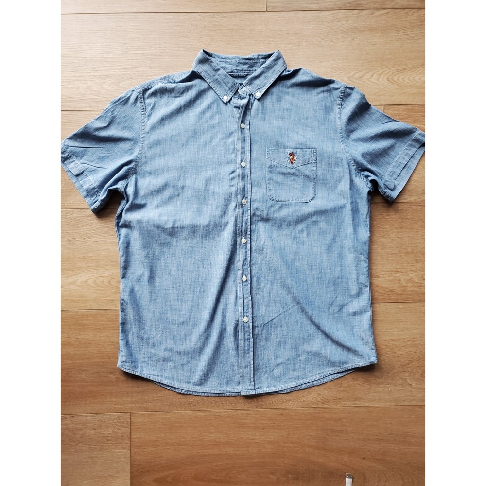 US Polo Assn Mens Large Blue Chambray Short Sleeve Button Down Shirt Cotton